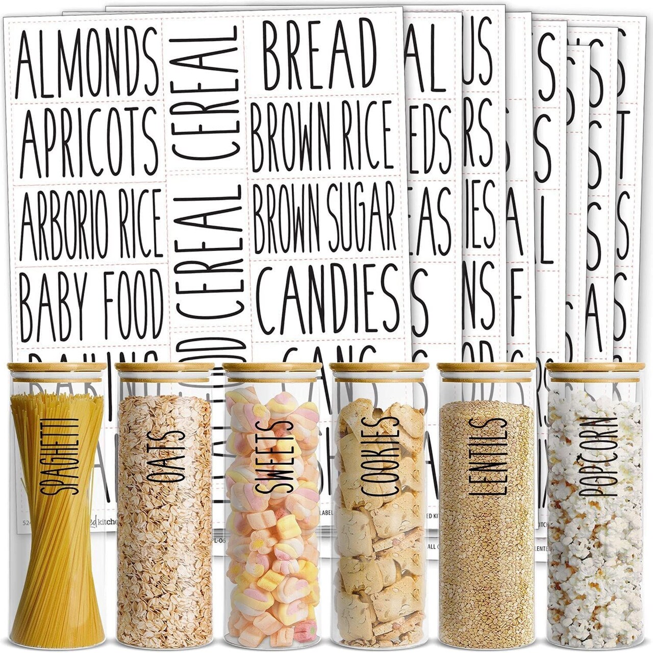 Talented Kitchen 136 Pantry Labels for Food Containers - Preprinted Black All-Caps on Clear Kitchen Food Labels for Organizing Storage Canisters & Jars (Water Resistant)